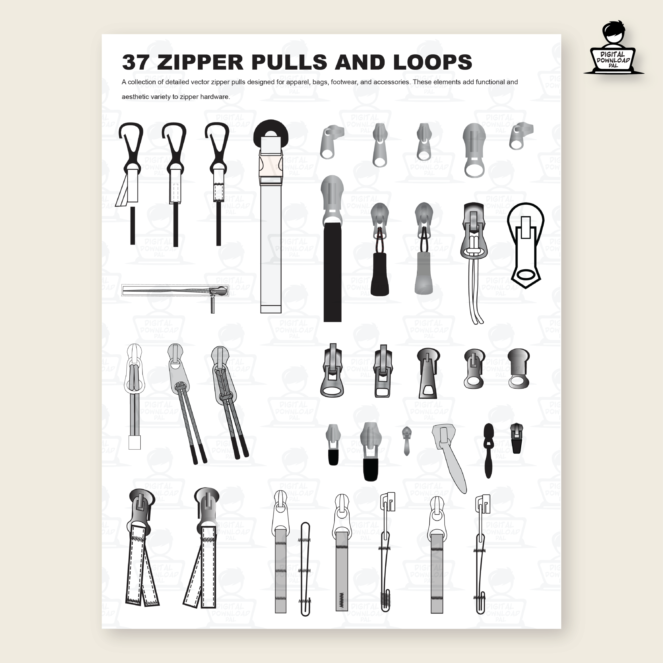 60 Zippers and Zipper Pulls Vector Brushes - Image 2