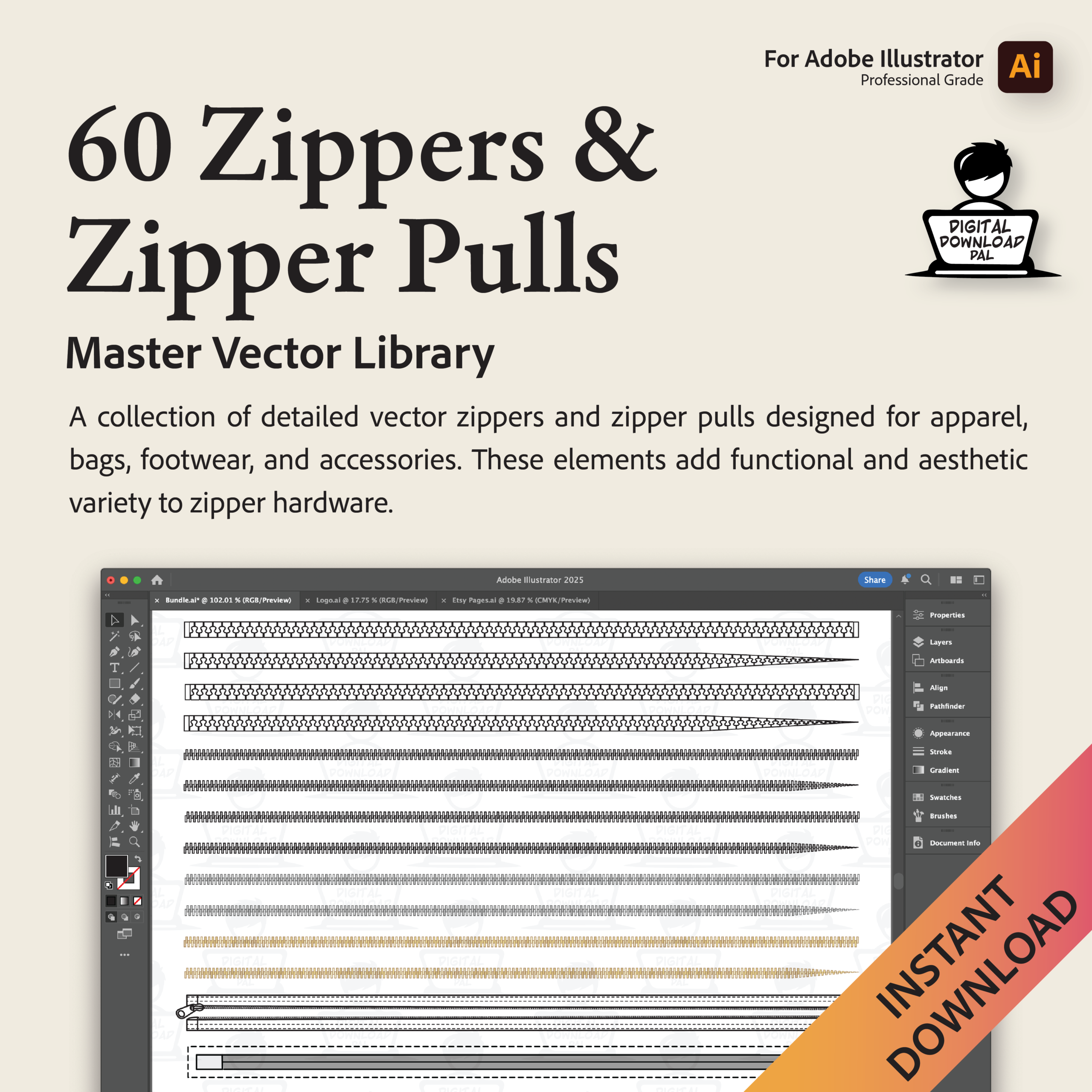 60 Zippers and Zipper Pulls Vector Brushes