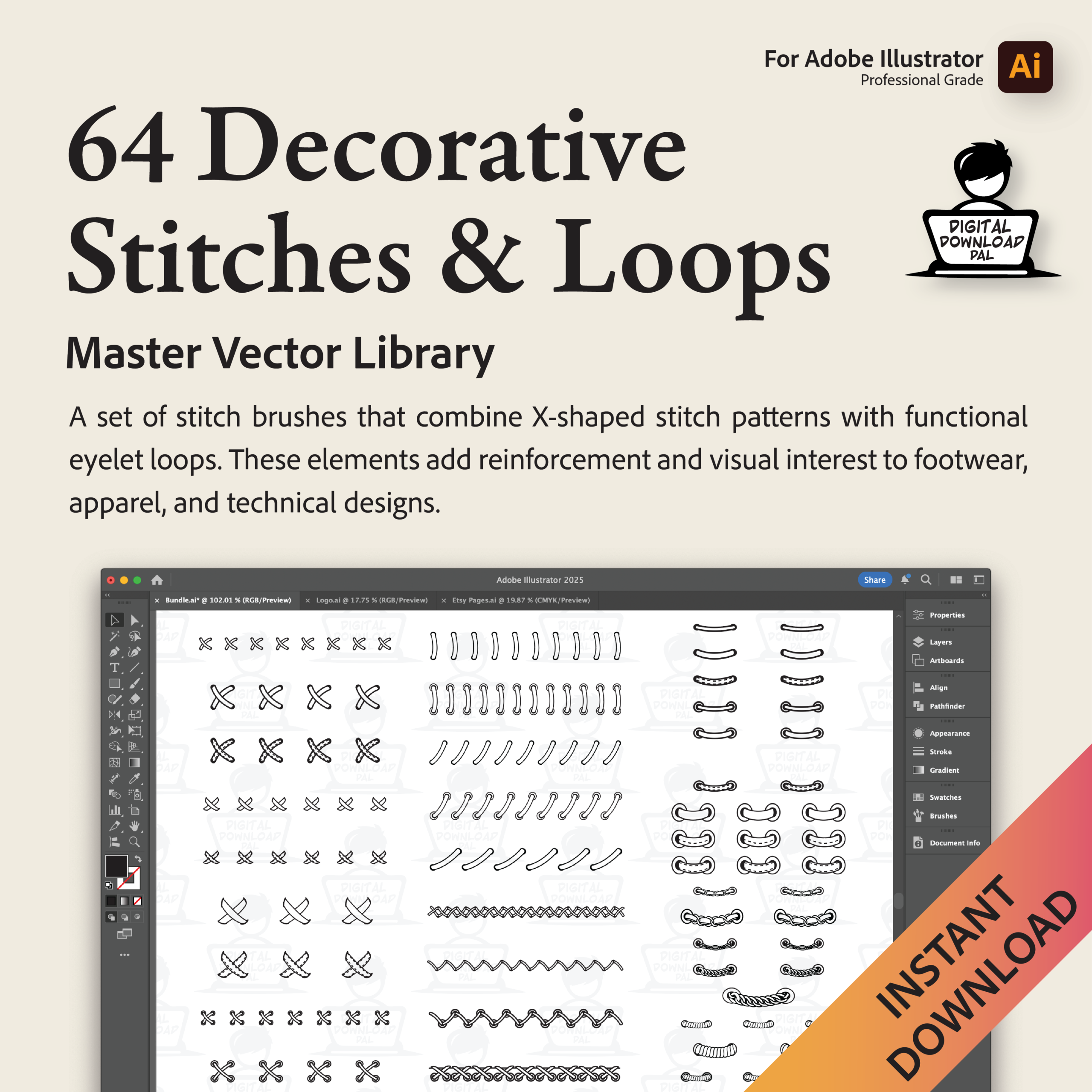 64 Decorative Stitches Vector Brushes