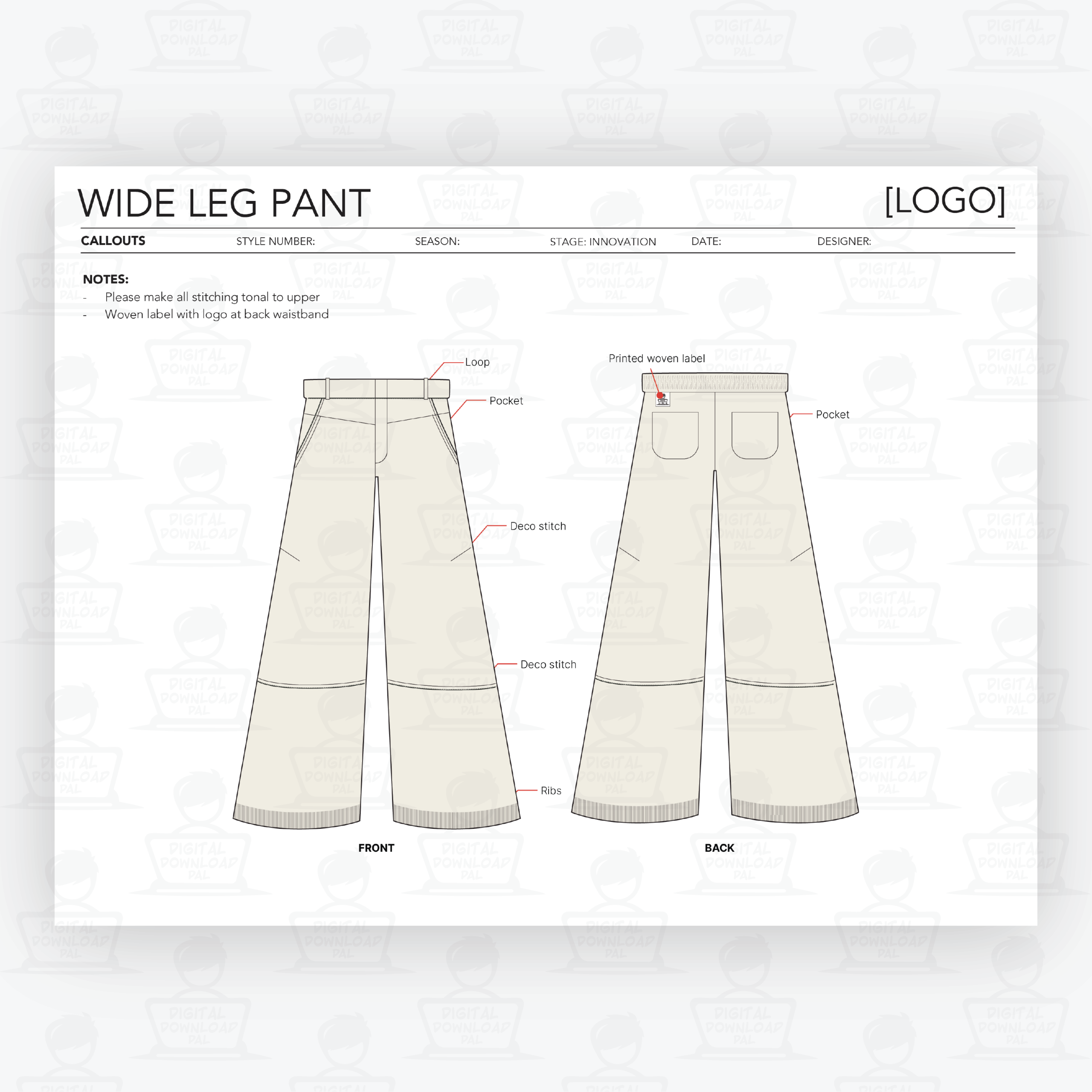 Wide Leg Pants Tech Pack Template - Image 2