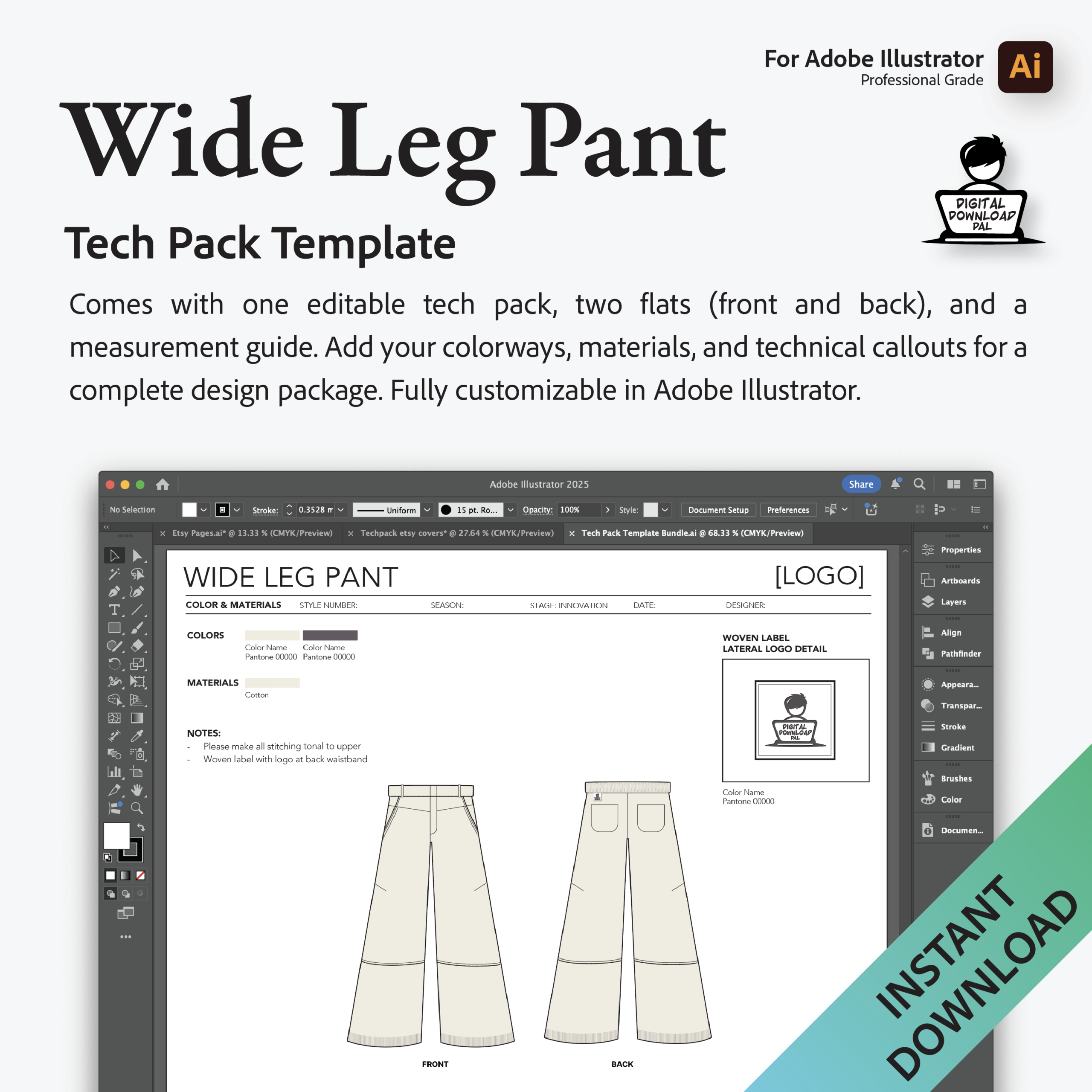 Wide Leg Pants Tech Pack Template